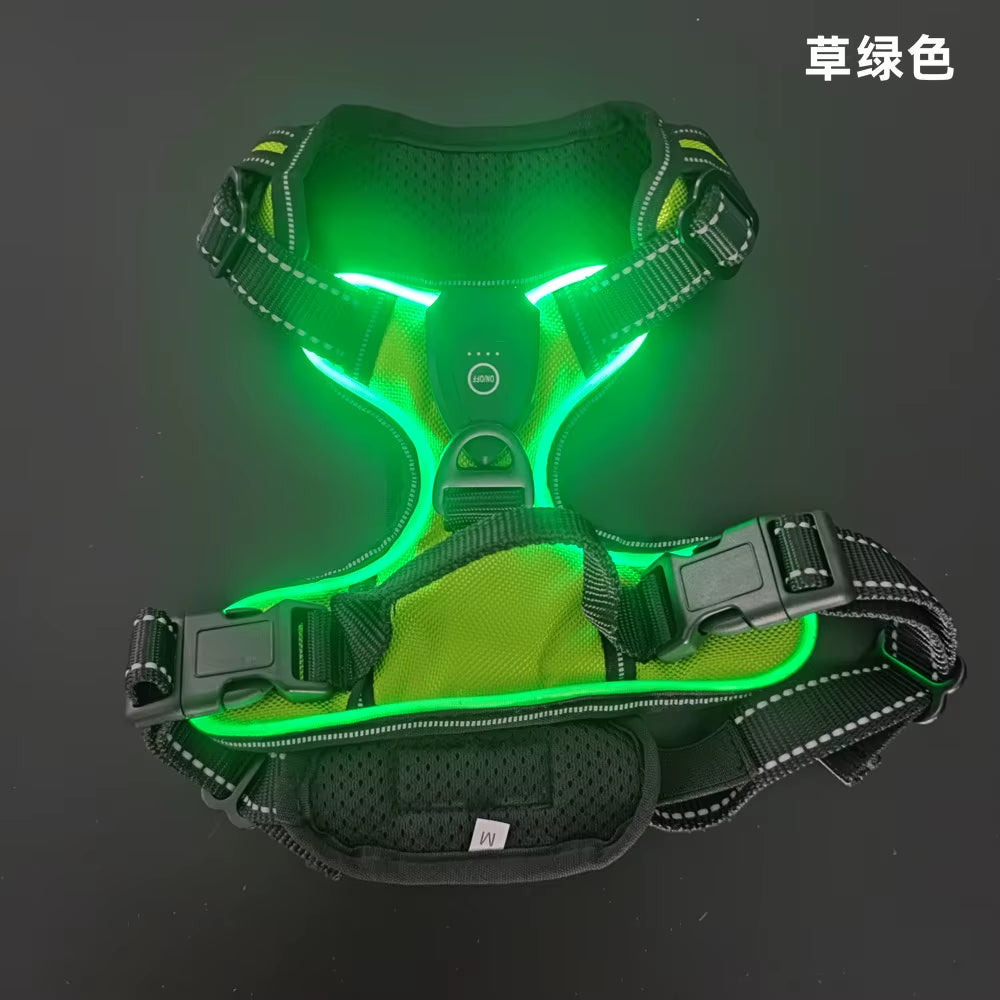 Light up LED Dog Harness Rechargeable Adjustable Luminous Pet Chest Strap Padded Collar Soft Dog Glow Vest for Night Walking
