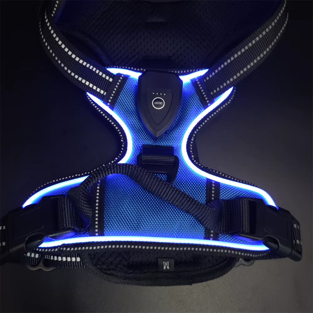 Light up LED Dog Harness Rechargeable Adjustable Luminous Pet Chest Strap Padded Collar Soft Dog Glow Vest for Night Walking
