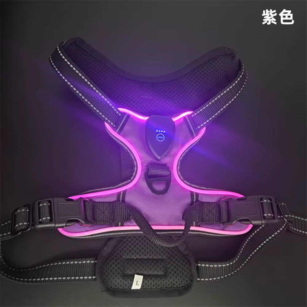 Light up LED Dog Harness Rechargeable Adjustable Luminous Pet Chest Strap Padded Collar Soft Dog Glow Vest for Night Walking