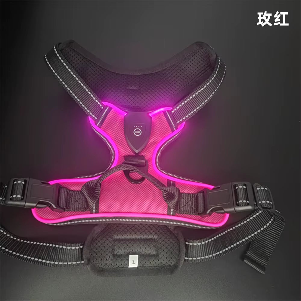 Light up LED Dog Harness Rechargeable Adjustable Luminous Pet Chest Strap Padded Collar Soft Dog Glow Vest for Night Walking